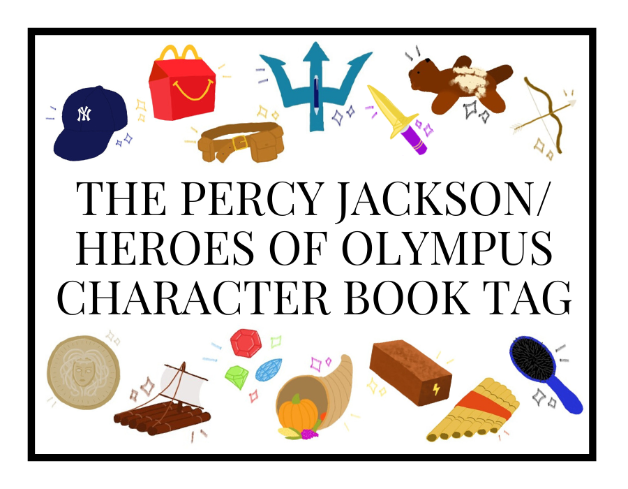 Image includes text reading 'The Percy Jackson/Heroes of Olympus Character Book Tag,' as well as some related illustrations.